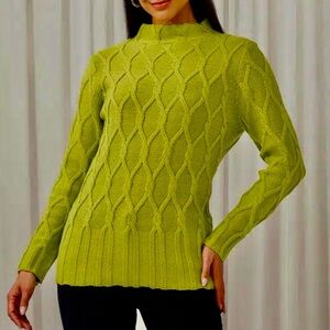 NWT Elena Wang Women's Cable Knit Sweater - Apple Green. Stock photo is Lime.